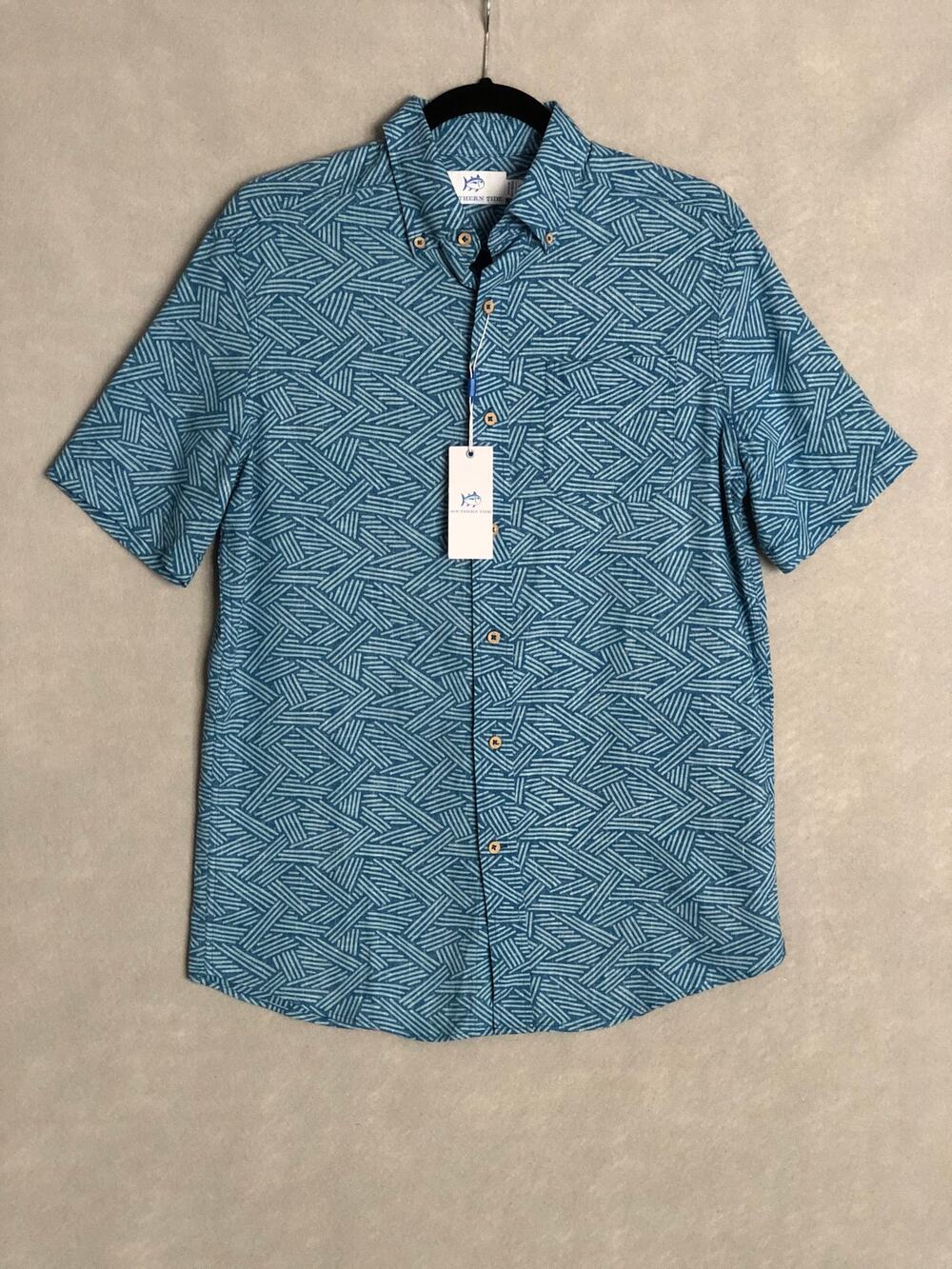 Southern Tide Sports Shirt Abstract Scribble Atlantic Blue Men's Small NEW